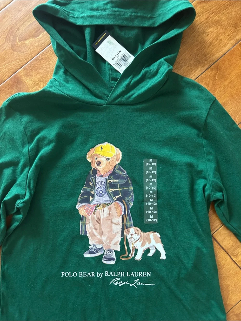 New Ralph Lauren Green Polo Bear Hooded Long Sleeve Shirt with Puppy Graphic